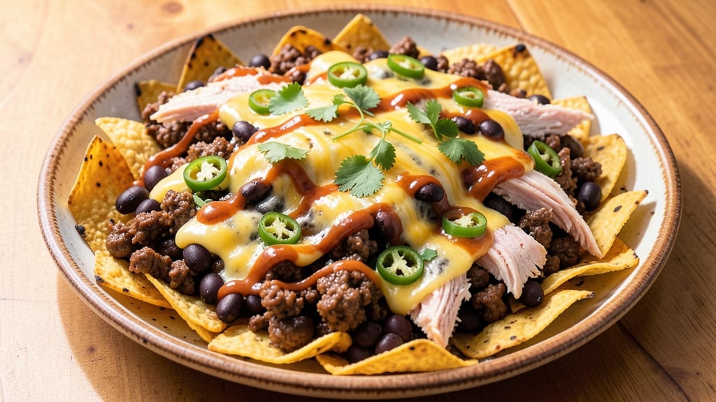 Beef and Chicken Nachos Recipe: Cheesy Crunch Tower With All the Fixings