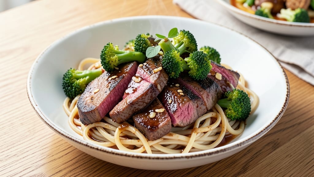 Beef and Broccoli Over Noodles Recipe: Savory Soy-Ginger Beef Threads Over Al Dente Noodles