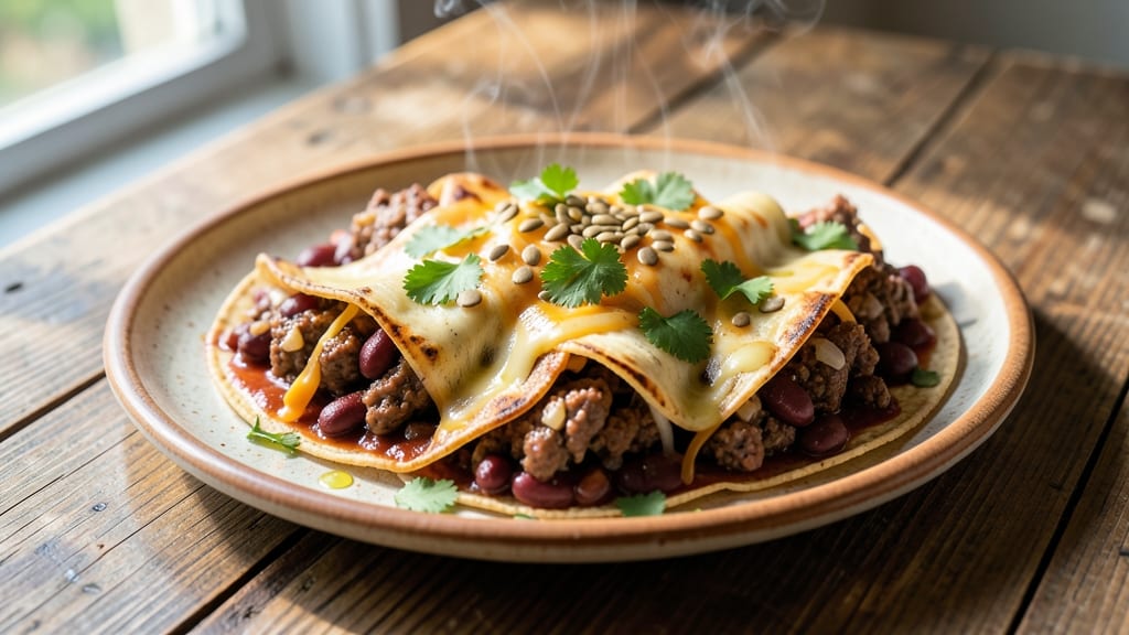 Beef Bean and Cheese Enchiladas Recipe: Crispy Tortillas With Melty Triple Cheese Rivers