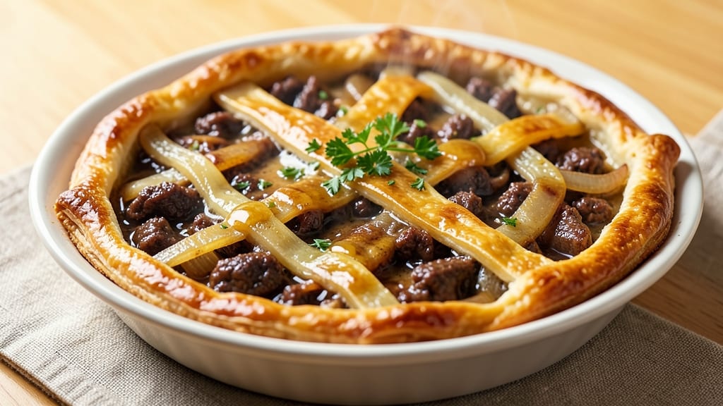 Beef and Onion Pie Recipe: Flaky Crust Envelops Savory Meat and Caramelized Layers