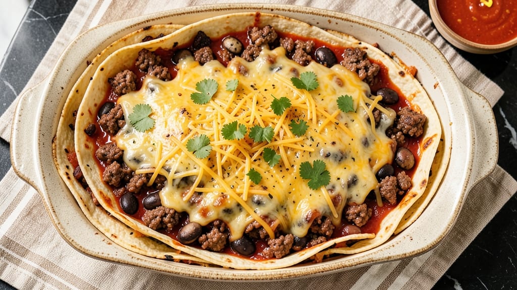 Beef and Bean Burrito Casserole Recipe: Cheesy Tortilla Layers Baked to Crispy Perfection