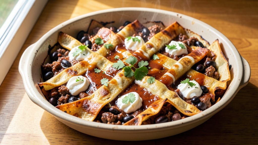 Beef and Black Bean Enchilada Casserole Recipe: Cheesy Tortilla Layers Baked to Bubbly Perfection