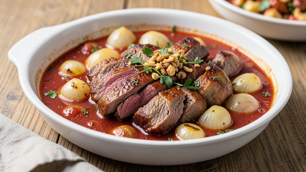 Beef and Pork Caldereta Recipe: Tomato-Chile Braised Richness With Crispy Tortilla Topping