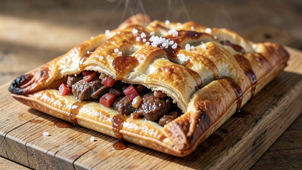 Beef and Onion Pasty Recipe: Flaky Crust Encloses Savory Meat and Caramelized Onions