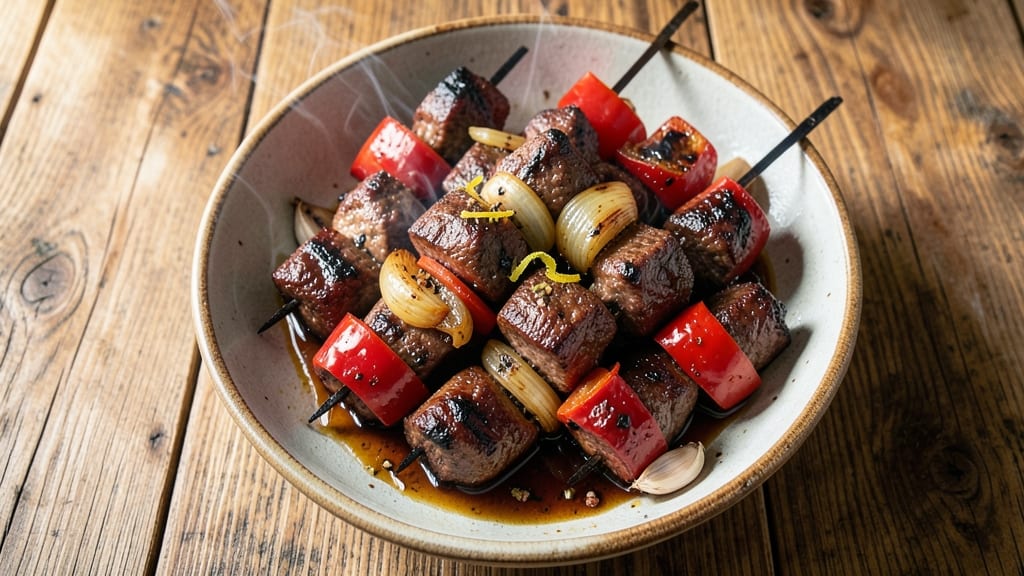 Barbecue Beef Kebabs Recipe: Charred Crust and Juicy Centers in Skewers