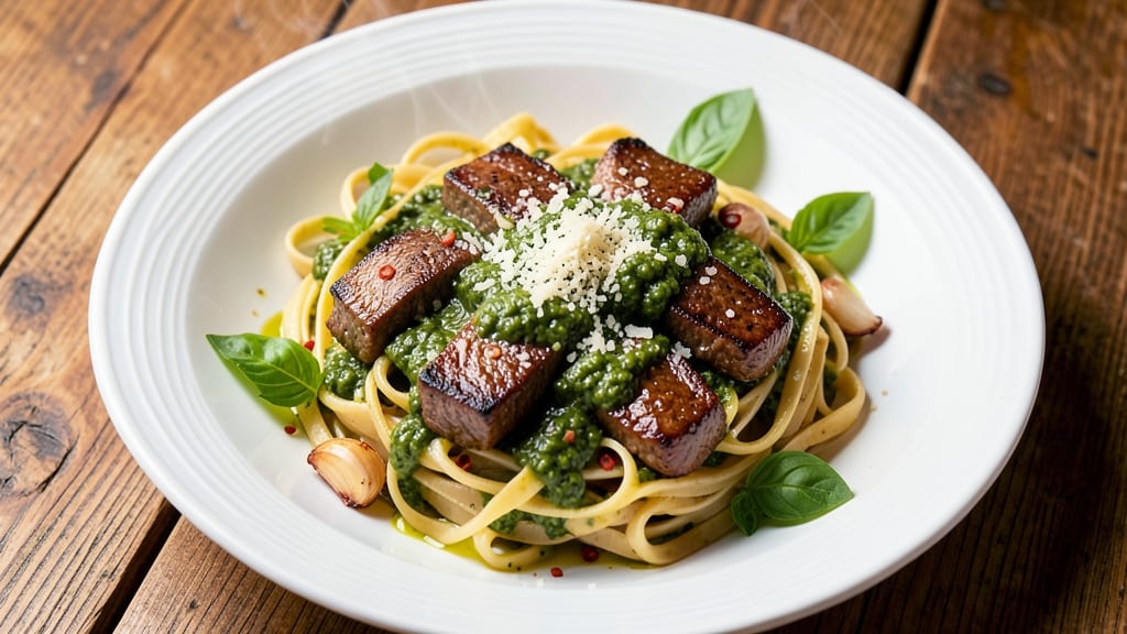Beef Basil Pesto Pasta Recipe: Herb-Infused Richness With Tender Beef Threads