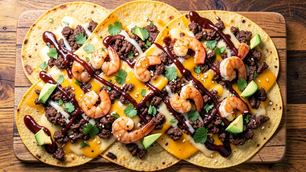 Beef and Shrimp Nachos Recipe: Crispy Tortilla Stacks Loaded With Melty Cheese Rivers