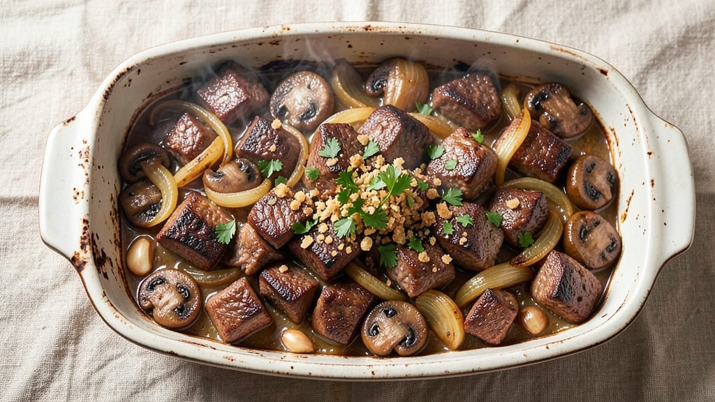 Beef and Mushroom Casserole Recipe: Deep Umami Layers With Melty Cheese Top
