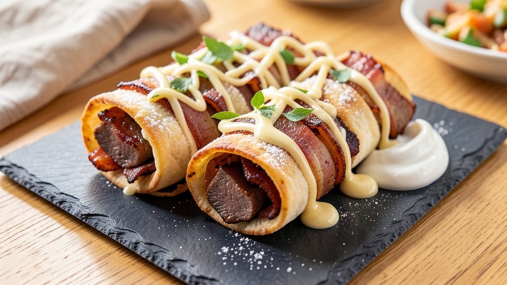 Beef and Bacon Roll-Ups Recipe: Crispy Tortilla Wraps With Melted Cheese Rivers